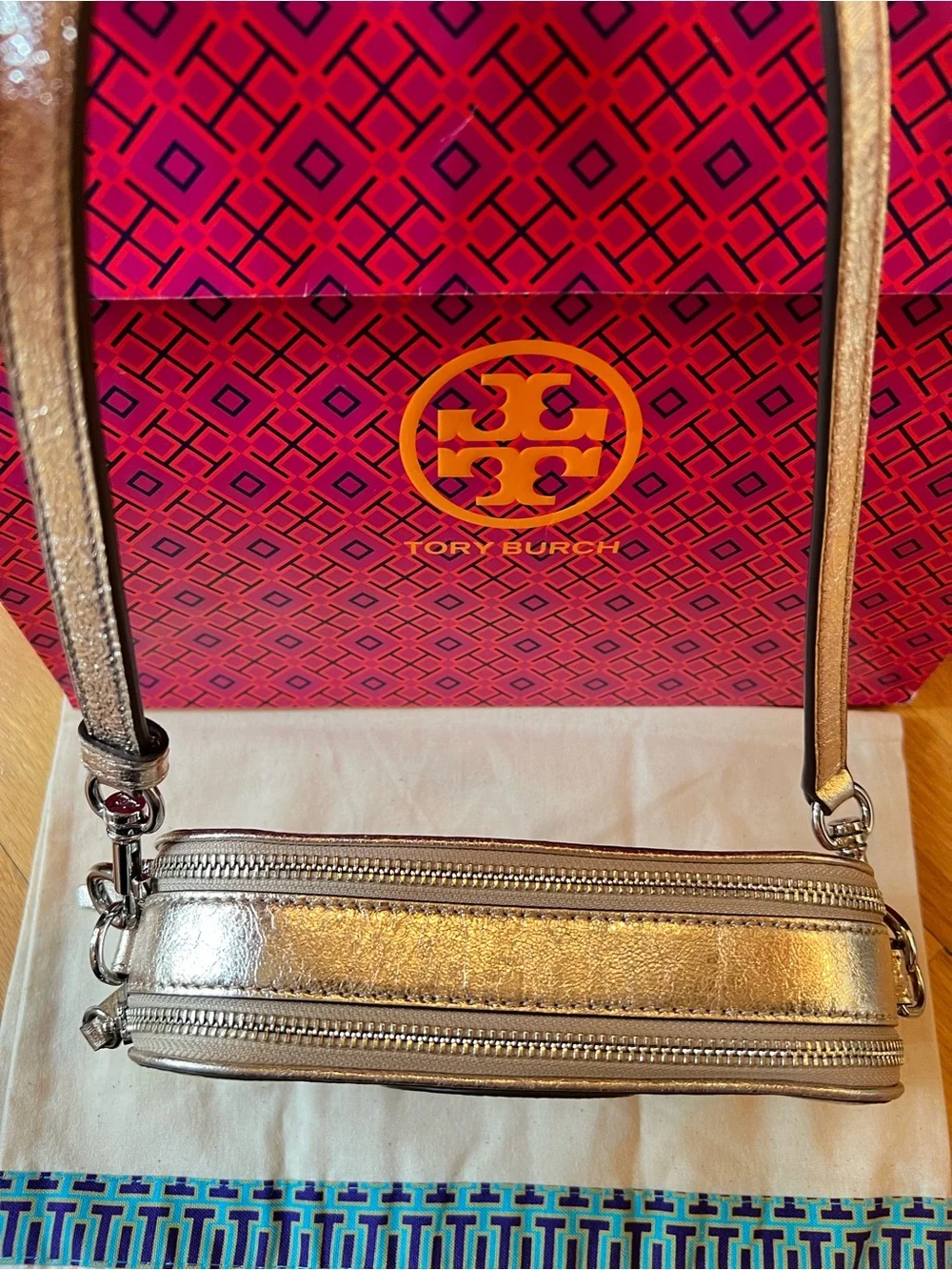 Tory Burch Gold Leather Miller Mini Metallic Crossbody Bag